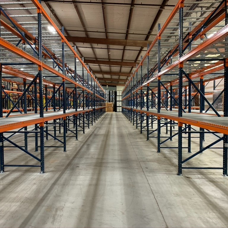 Interlake Mecalux Blue and Orange Teardrop Pallet Racking