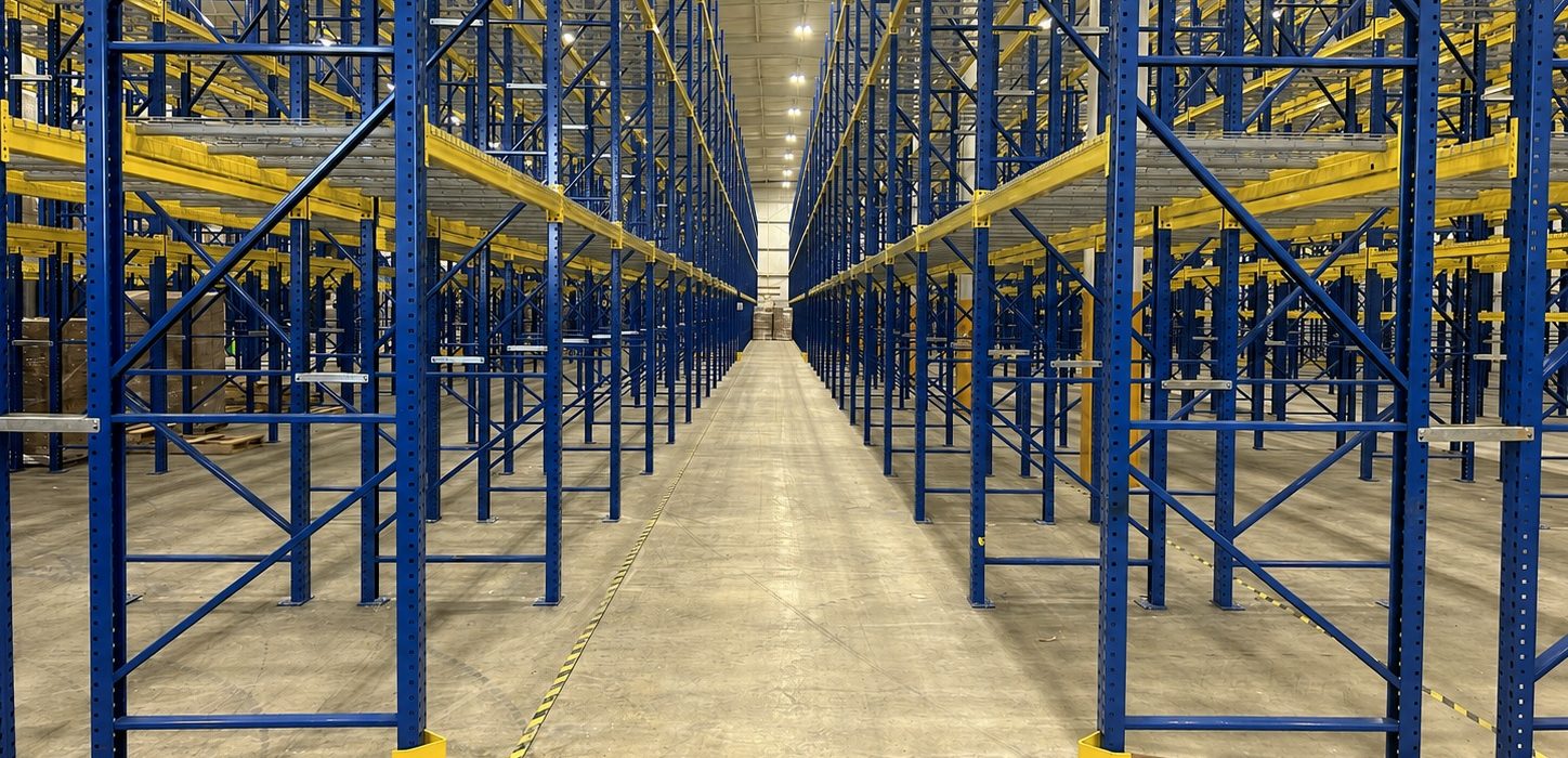Aisle of new blue and yellow teardrop pallet racking with wire decking